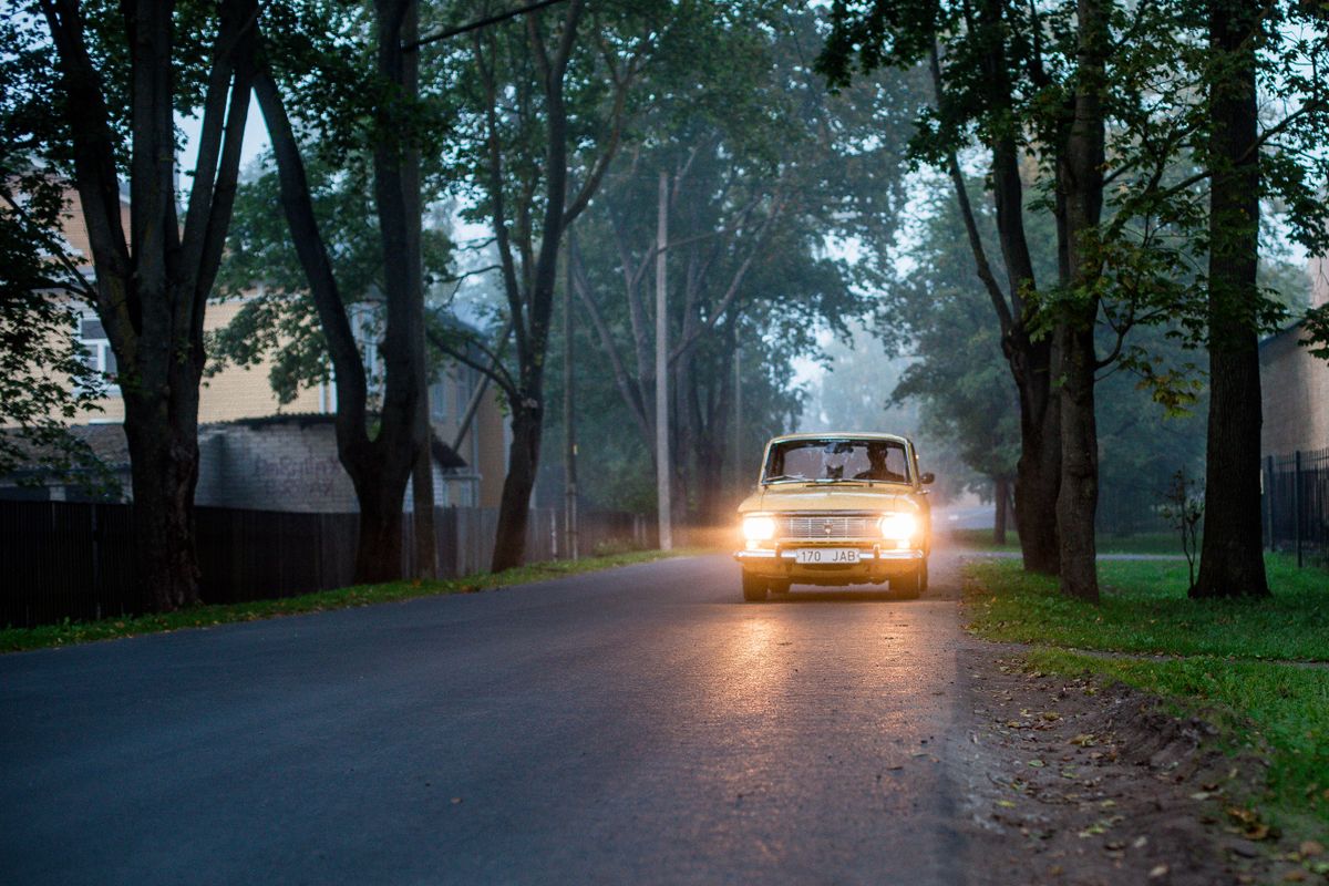 Driver's-eye view down an empty rural road at dusk, the highest-risk time for deer strikes