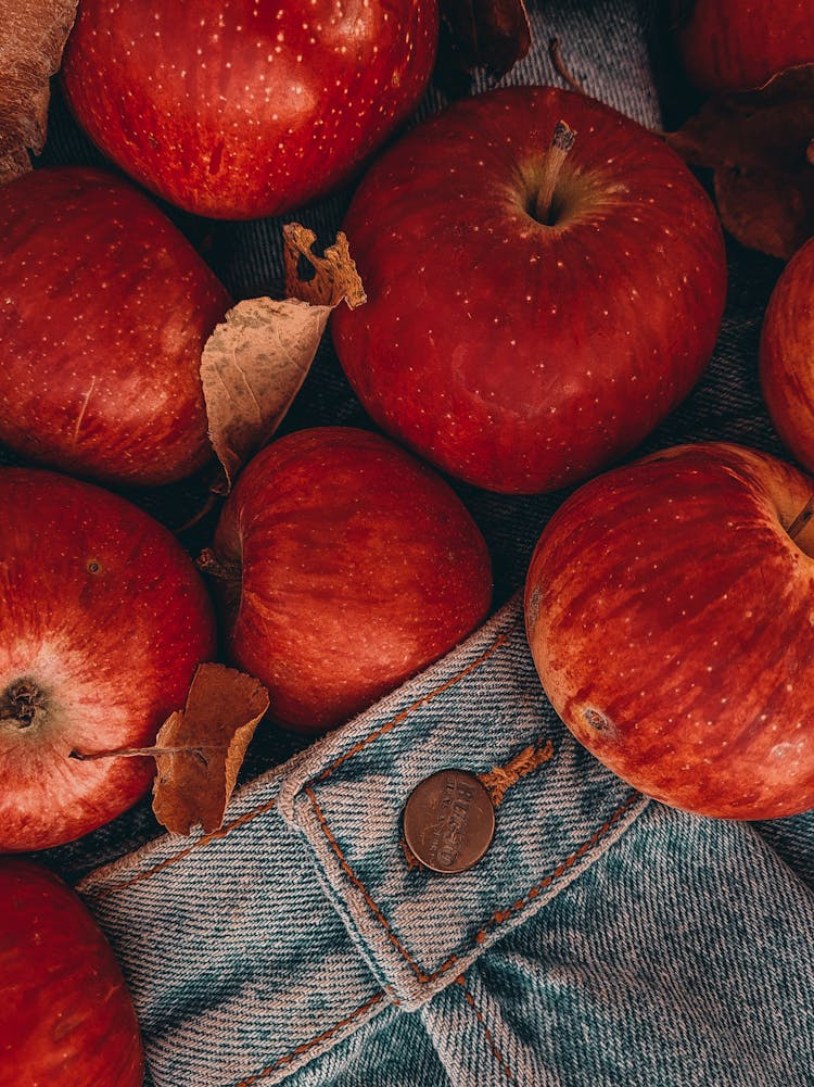 Red Apples On Denim Cloth With Button