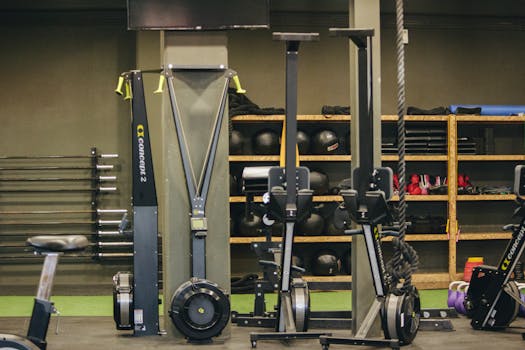Modern gym with exercise equipment including rowing and ski machines, weights, and ropes.