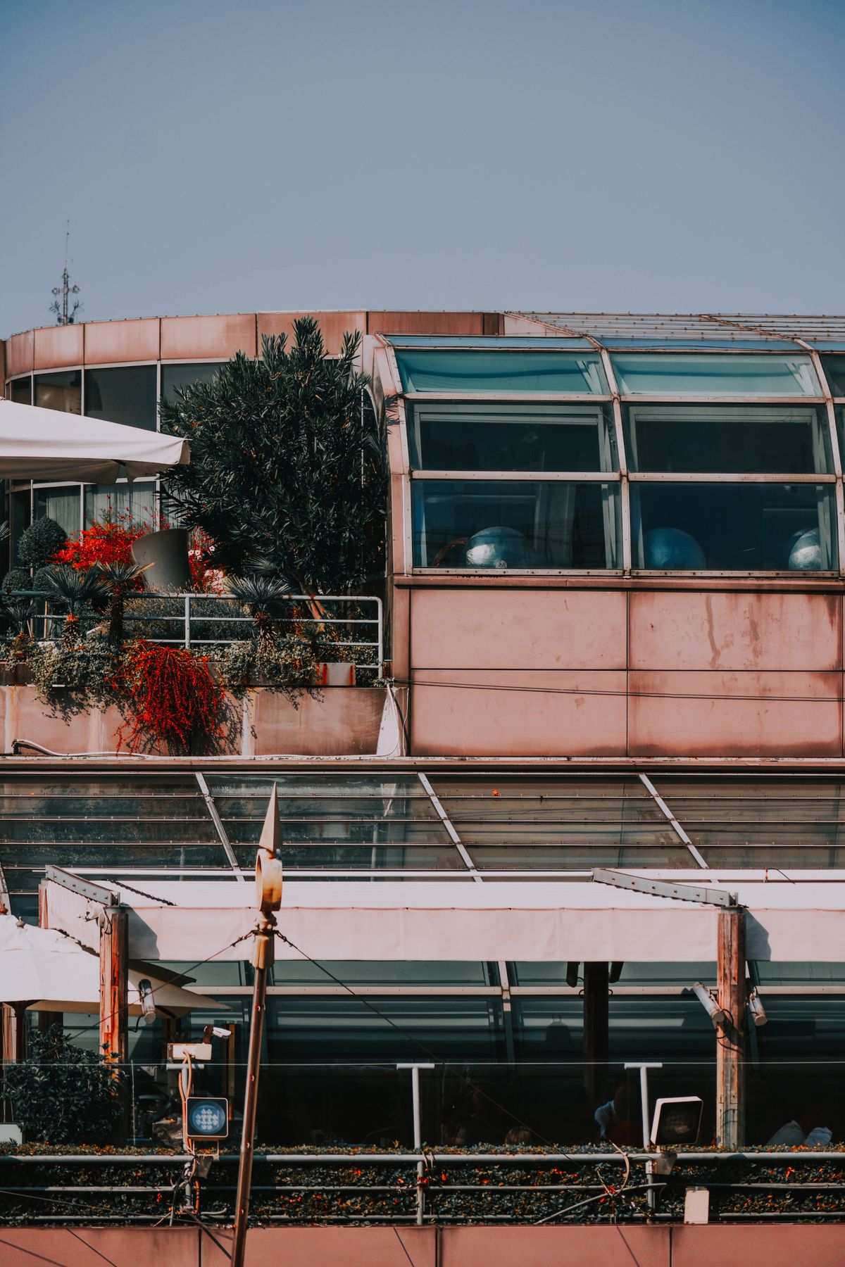 Verwittertes Glasdach mit Bewuchs und Patina auf einem Terrassenaufbau