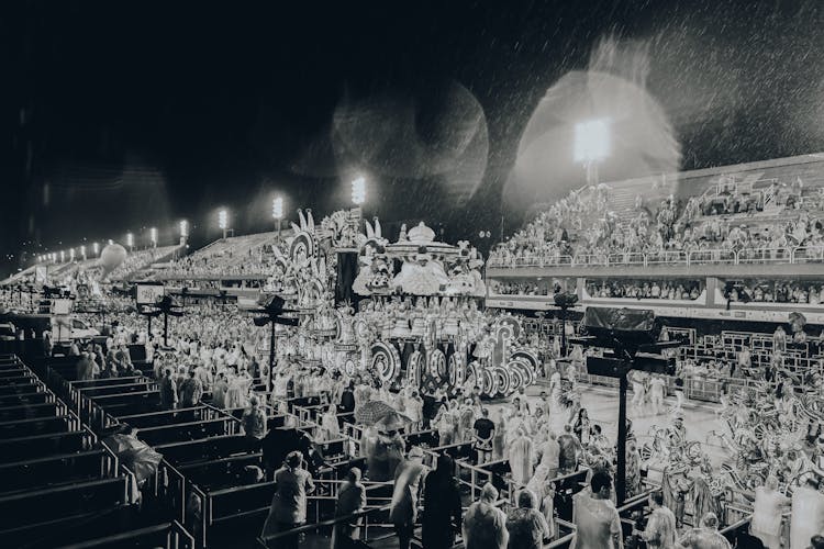 Black And White Photo Of Rain Over A Carnival Parade On The Sambadrome Marqus De Sapuca, Rio De Janeiro, Brazil