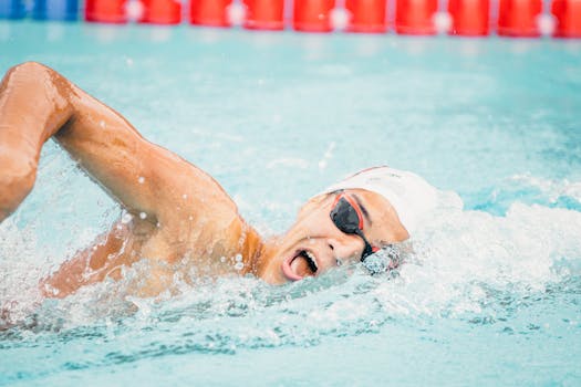 Dynamic photograph of a swimmer in a cap and goggles performing freestyle with water splashes.