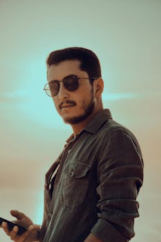 Portrait of a man with sunglasses and beard outdoors at sunset.