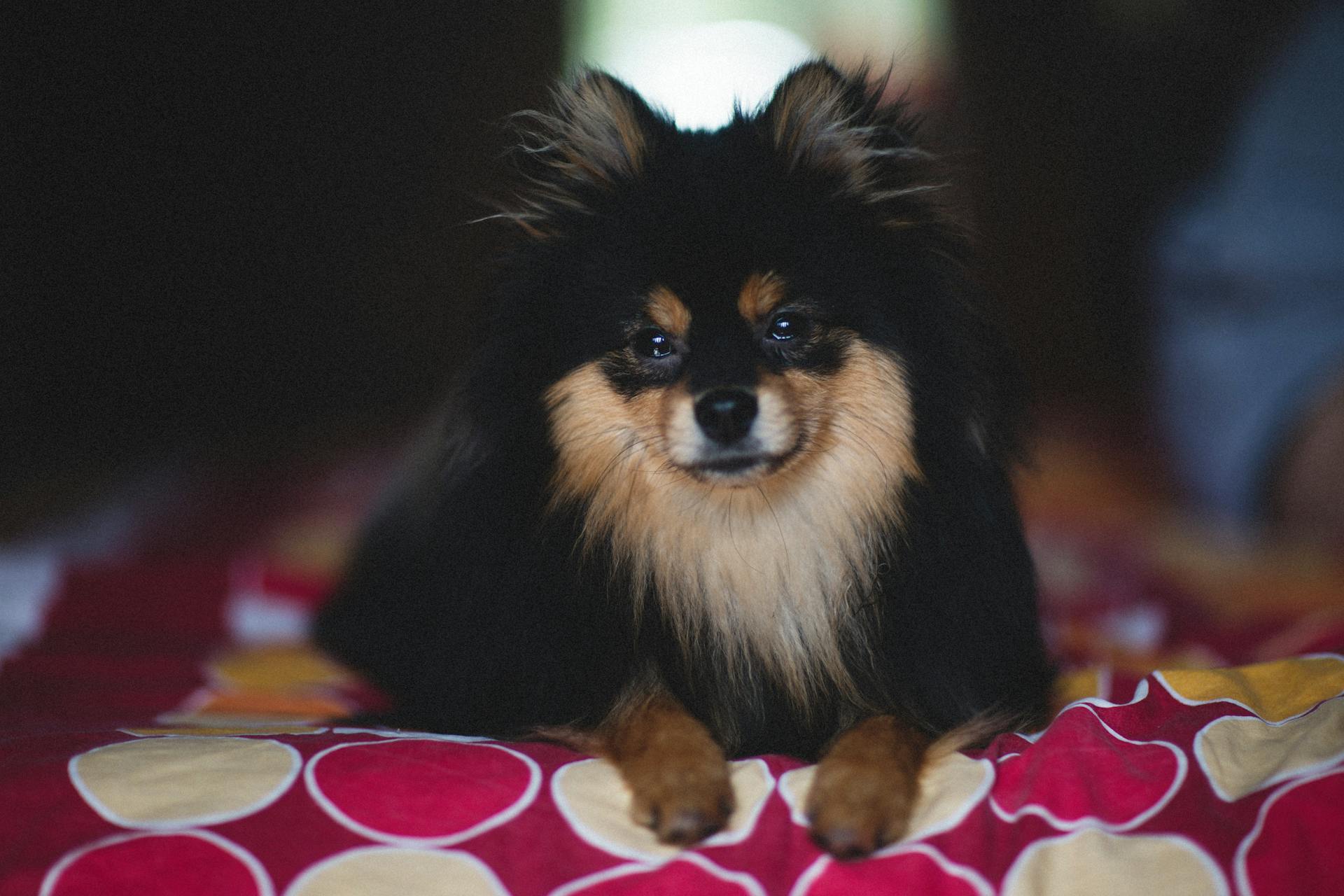 Spitz de Poméranie noire sur une couverture rouge