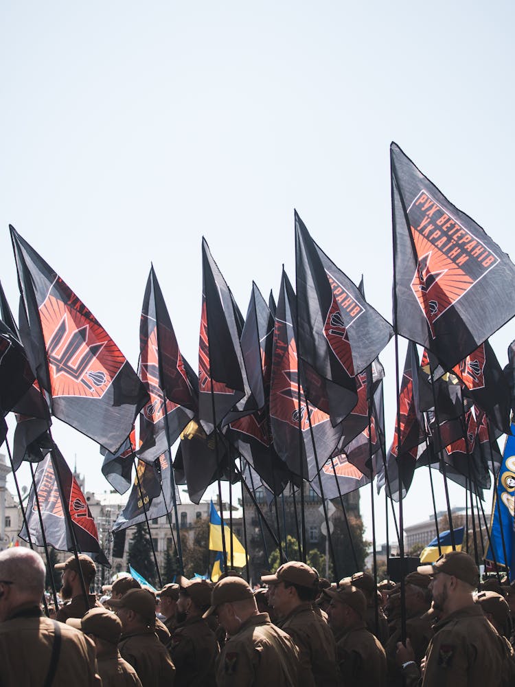 Crowd Carrying Flags And Banners