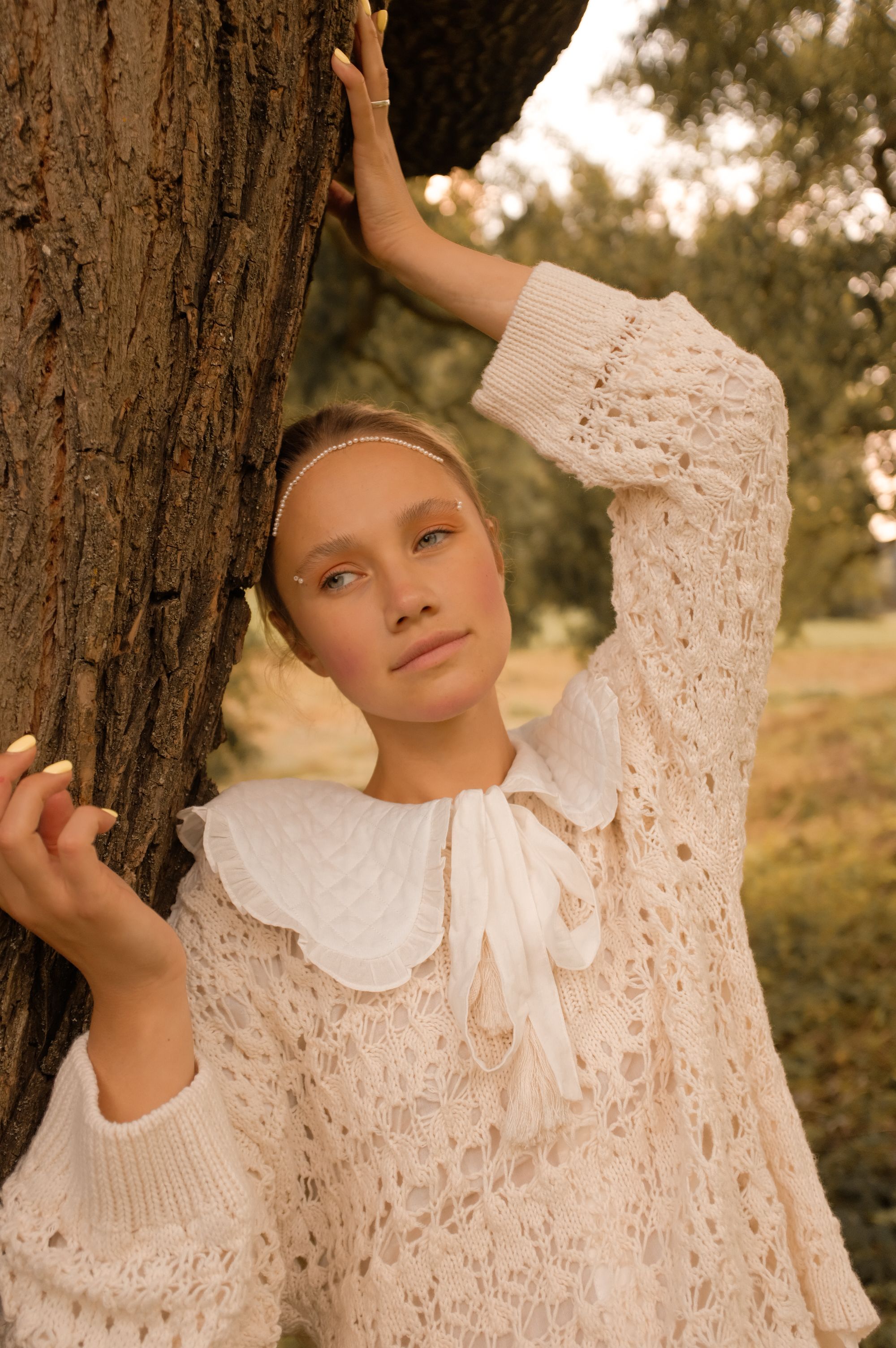 Girl in White Dress Leaning on Brown Tree · Free Stock Photo