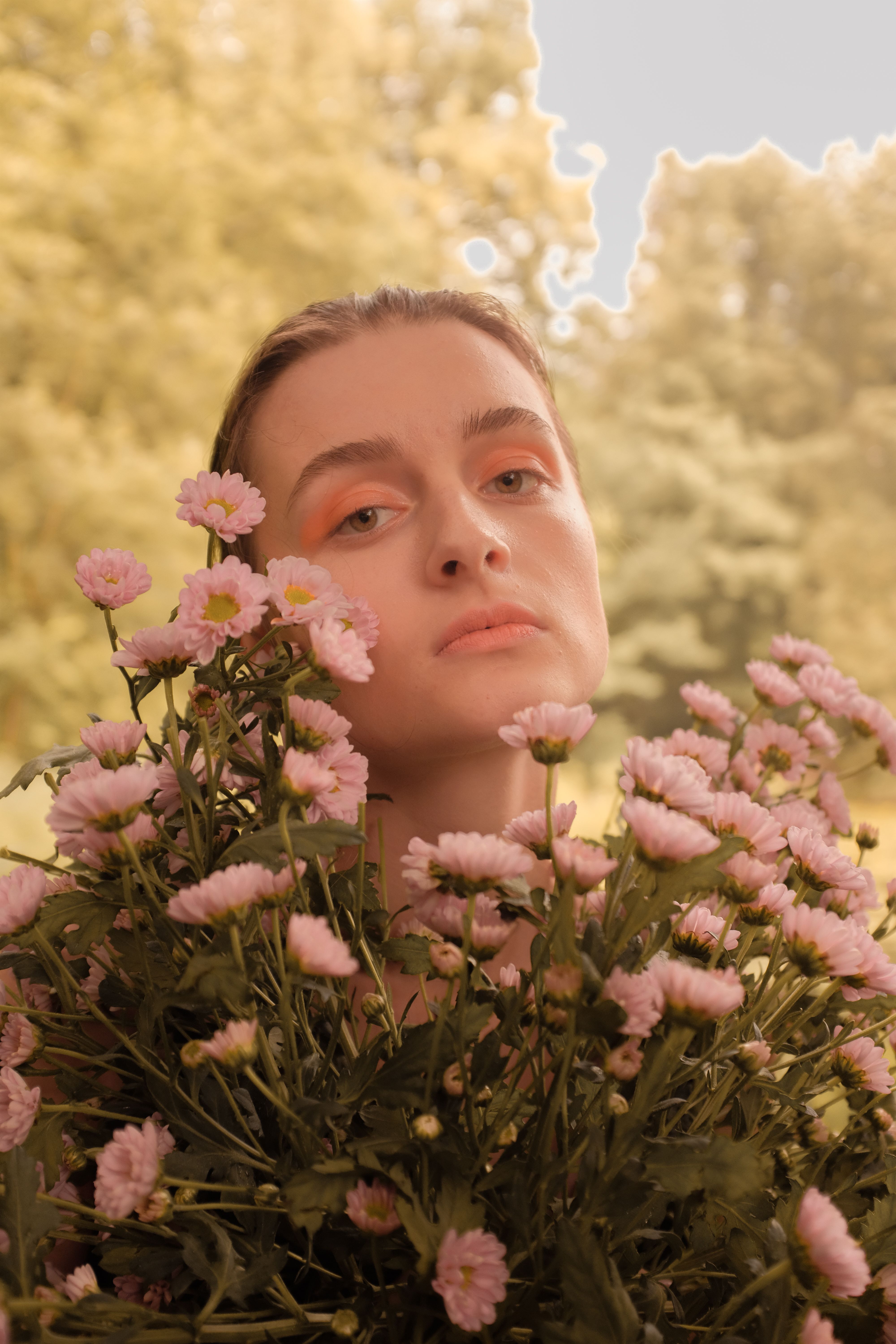 A young woman surrounded by pink daisies, showcasing beauty and nature.