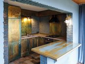 Brown Wooden Kitchen Cabinet Near Brown Wooden Door