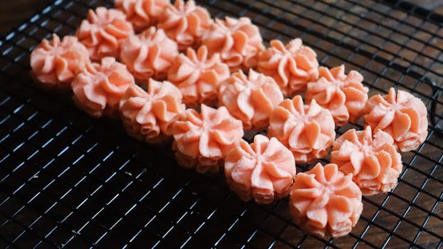 厨房冷却架上新鲜烘烤的粉色饼干特写