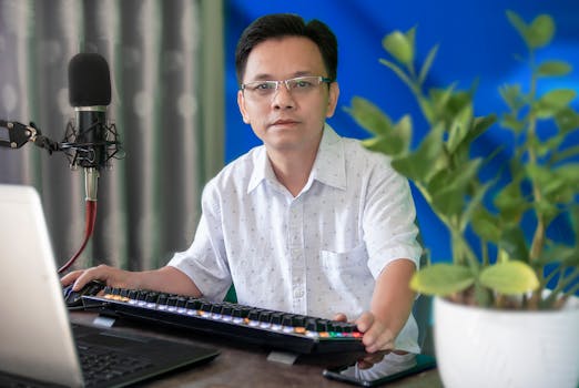 Asian man in office setting with microphone and laptop, perfect for podcast or tech work imagery.