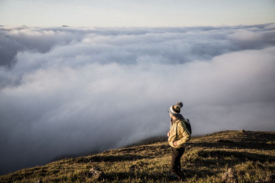 Amazing Private Tour from Quito: Hummingbirds, Waterfalls and Half the World Review 2026 - A hiker stands on a grassy peak overlooking a sea of clouds at sunrise.