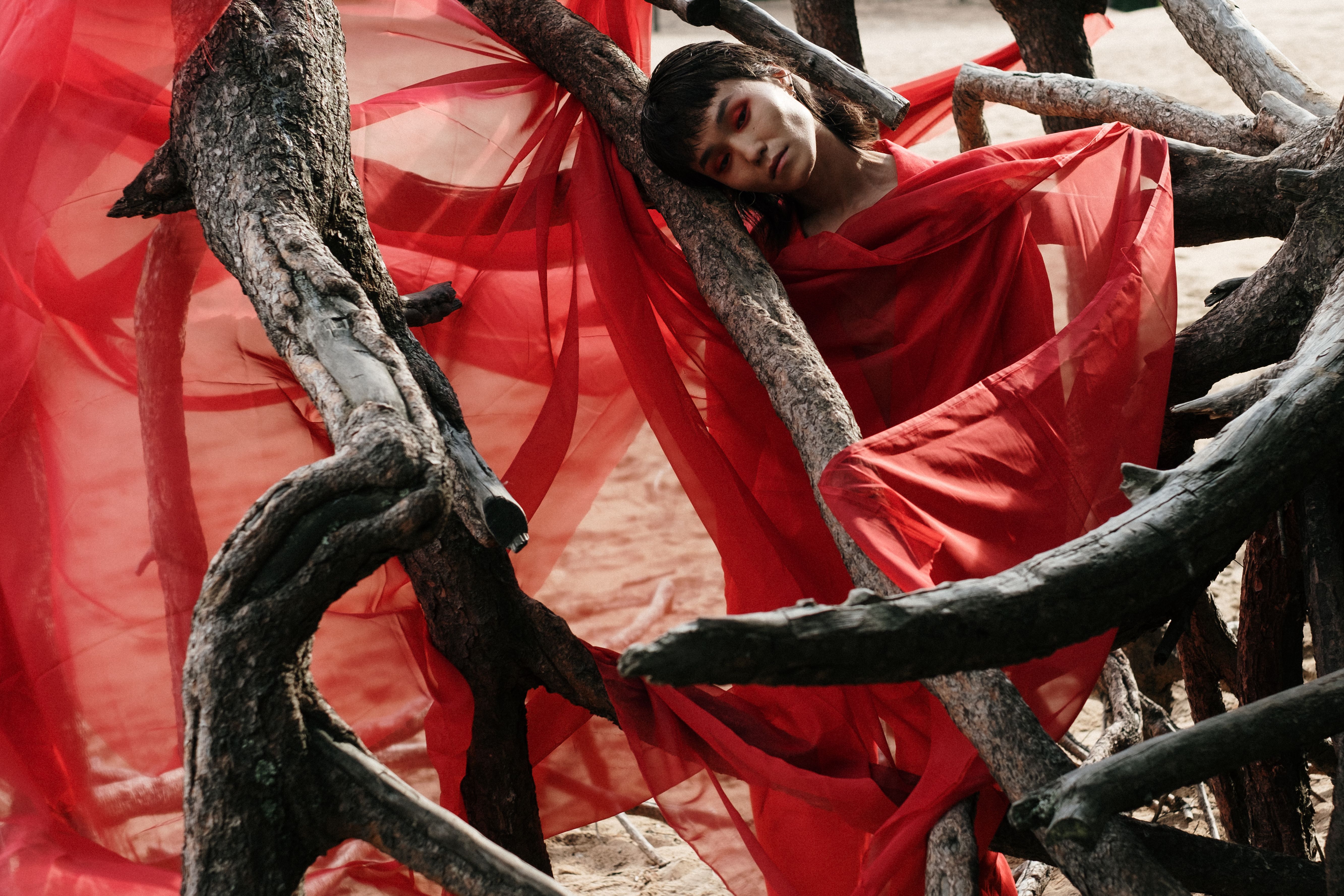 A conceptual portrait of a person wrapped in red fabric amidst tree branches outdoors.