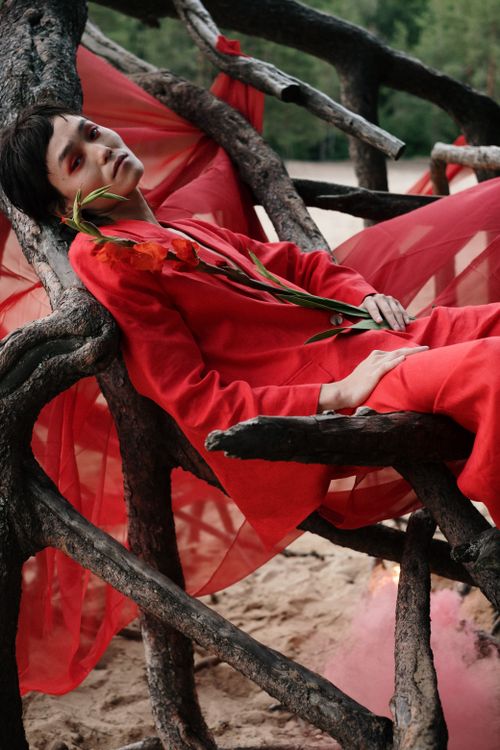 Free A person in red lies amidst twisted tree branches, holding a flower, creating a vivid, artistic composition. Stock Photo