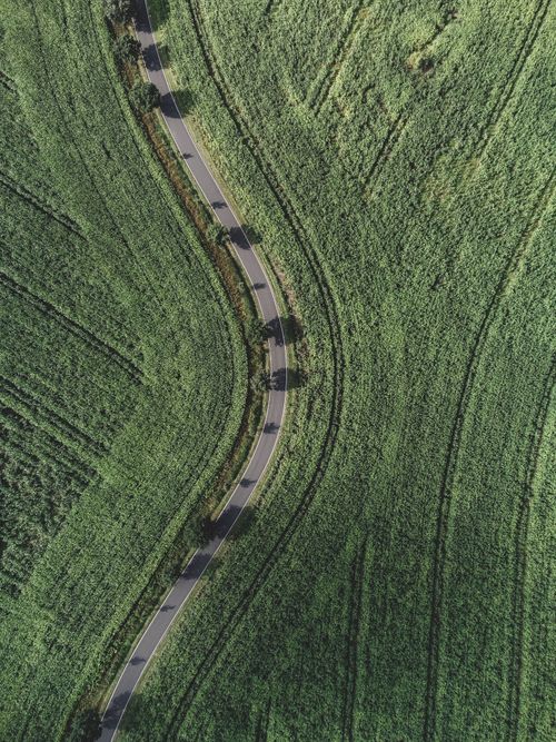 Free Aerial shot of a winding road cutting through lush green fields in Ilmenau, Germany. Stock Photo