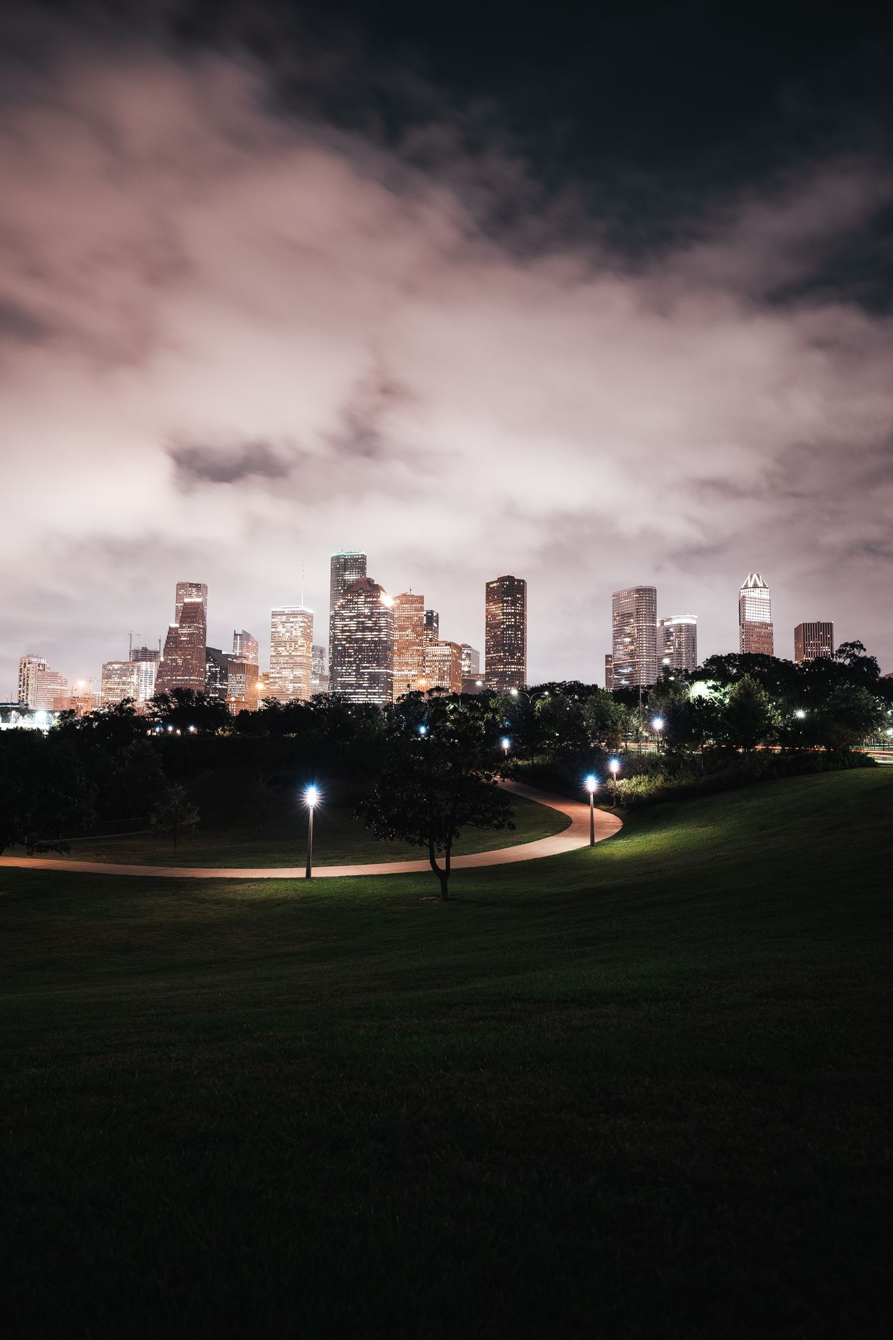 Houston green park with city buildings illuminated at night