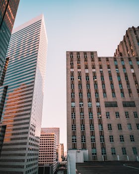 A beautiful low-angle shot of Houston's skyscrapers against a twilight sky.