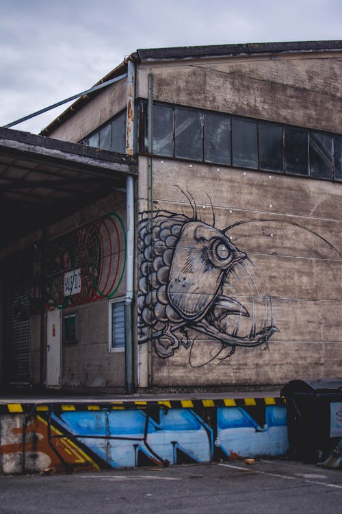封闭的棕色建筑与怪物鱼涂鸦摄影