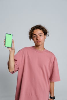 Teenager displaying smartphone with green screen against white studio background.