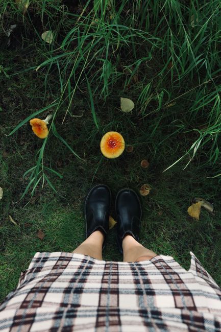 Stylish boots amidst green grass and vibrant mushrooms in an autumn setting.