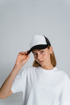 Portrait of a teenager wearing white t-shirt and cap in a studio setting with a clean background.