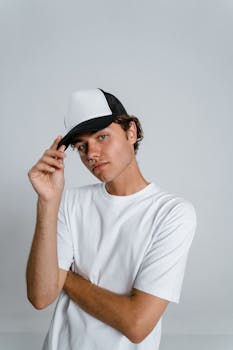 Young adult male wearing a white t-shirt and baseball cap in a studio setting, looking at the camera.