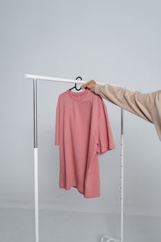 A pink t-shirt hangs on a rack held by a person, ideal for mockups and fashion design.