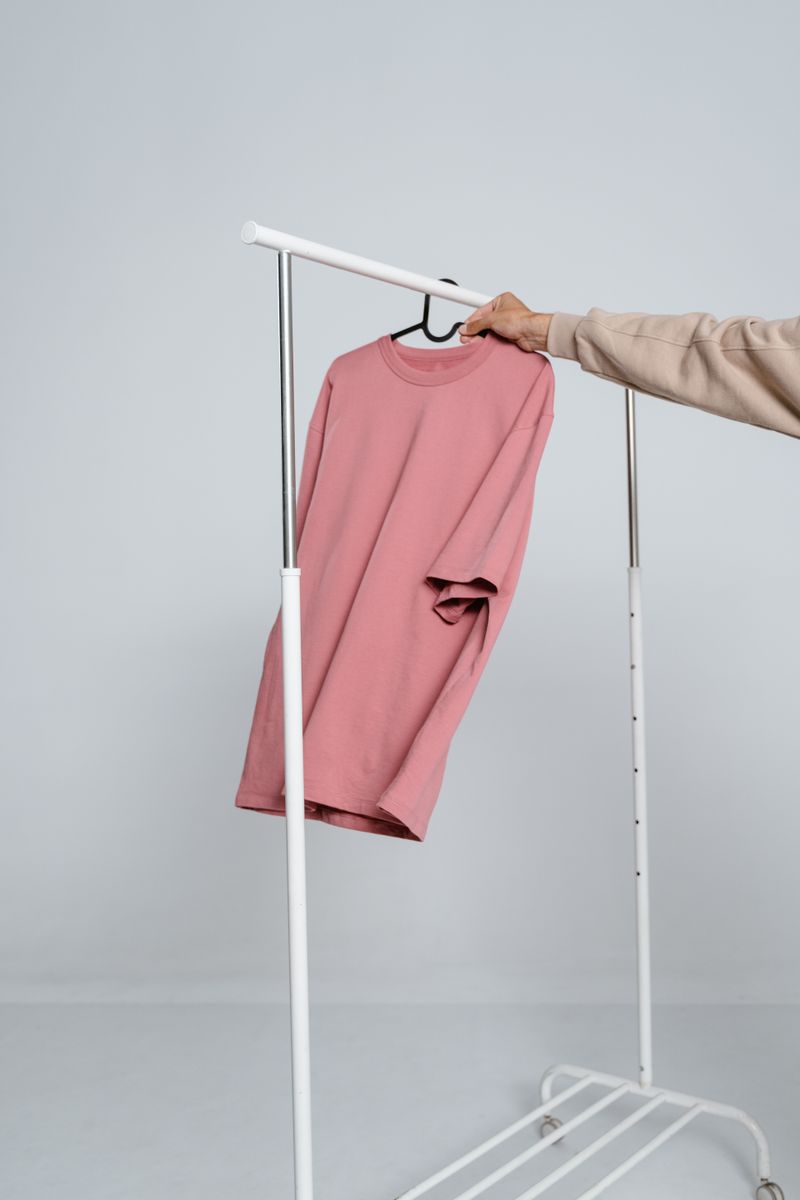 Pink shirt hanging on a white freestanding clothing rack in a minimalist room