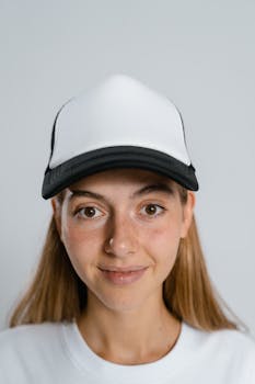 Close-up portrait of a woman wearing a blank baseball cap and white t-shirt in studio setting.
