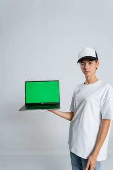 A woman in casual attire and cap holds a laptop with a green screen for copy space.