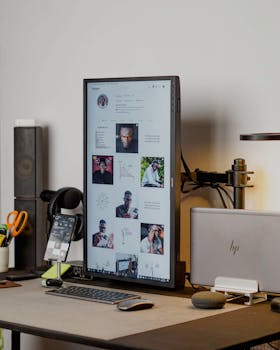 A stylish workspace featuring a vertical monitor, laptop, smartphone, and office accessories on a desk.