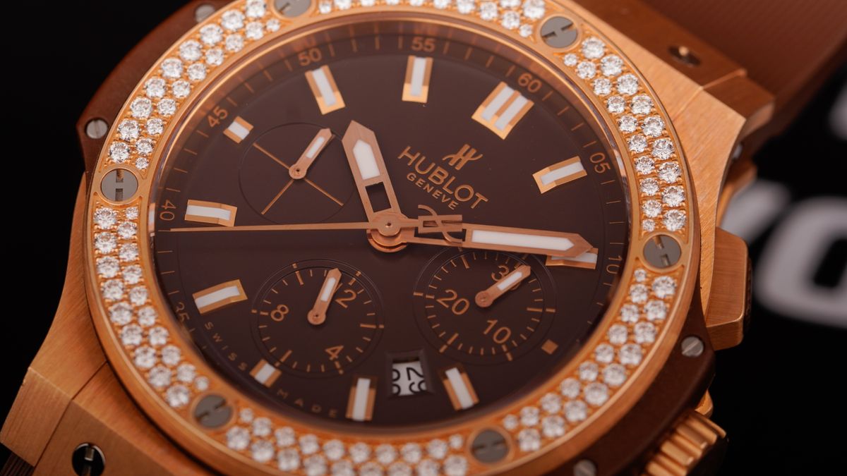Close-up of a chronograph wristwatch with subdials at Saltzman's Watches