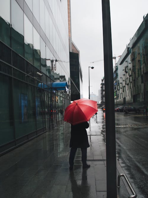 Free A Person in Black Jacket Holding Red Umbrella Stock Photo