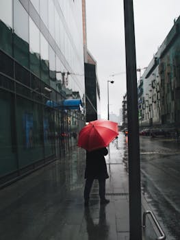 A person walks with a red umbrella on a rainy city street, reflecting urban life.