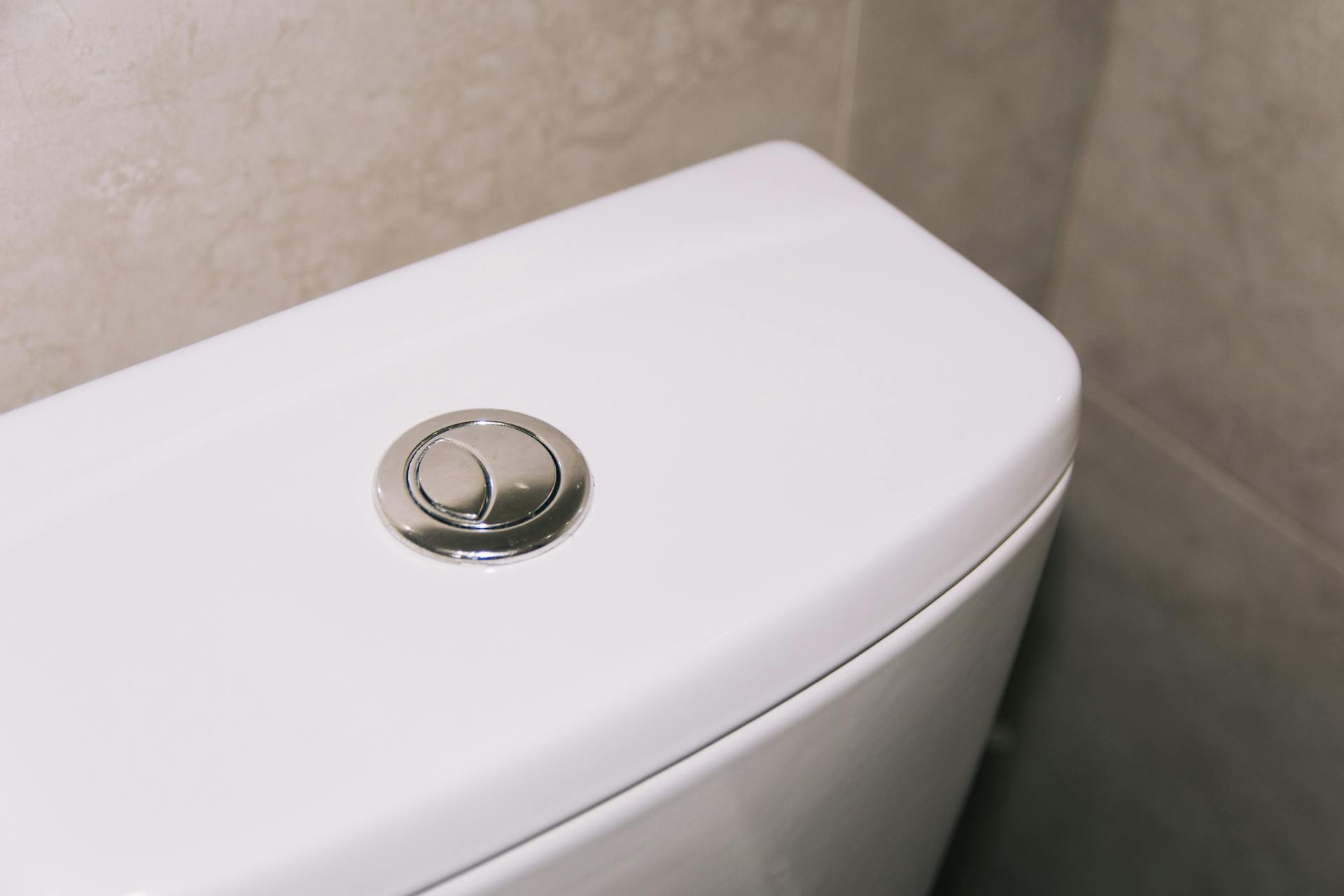 Close-up of a modern dual flush toilet with a chrome button, highlighting clean and contemporary design.