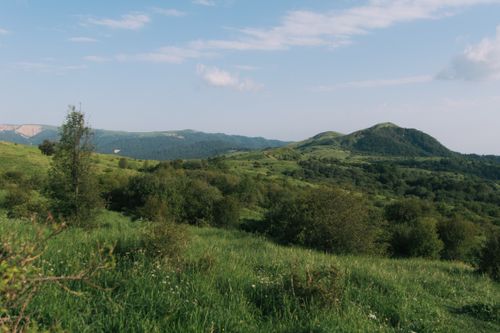 Free Idyllic rural landscape with lush green hills and vibrant flora under a clear sky. Stock Photo