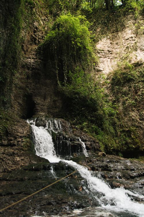 Free Tranquil waterfall cascading over rocks surrounded by lush greenery in a peaceful forest. Stock Photo