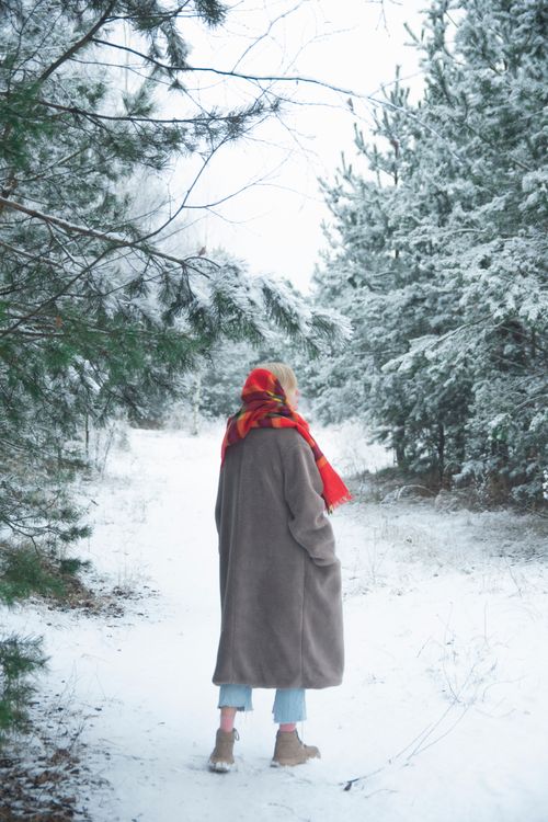 Free Unrecognizable woman walking in snowy forest wearing a red scarf and winter coat. Stock Photo