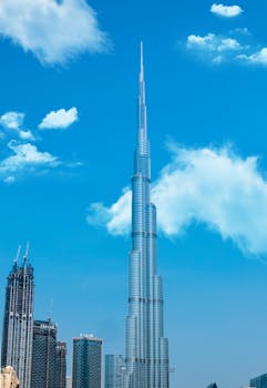 A view of the iconic Burj Khalifa towering above Dubai's modern skyline on a clear day.