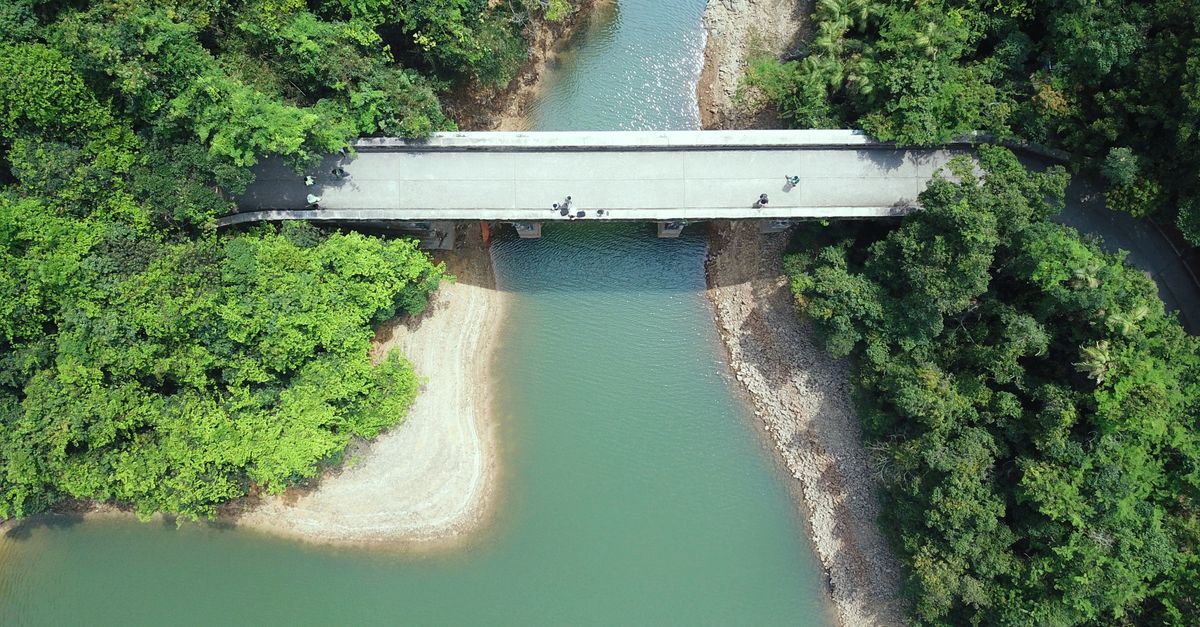 Drone shot of a bridge spanning a river on Hong Kong Island, surrounded by lush greenery.