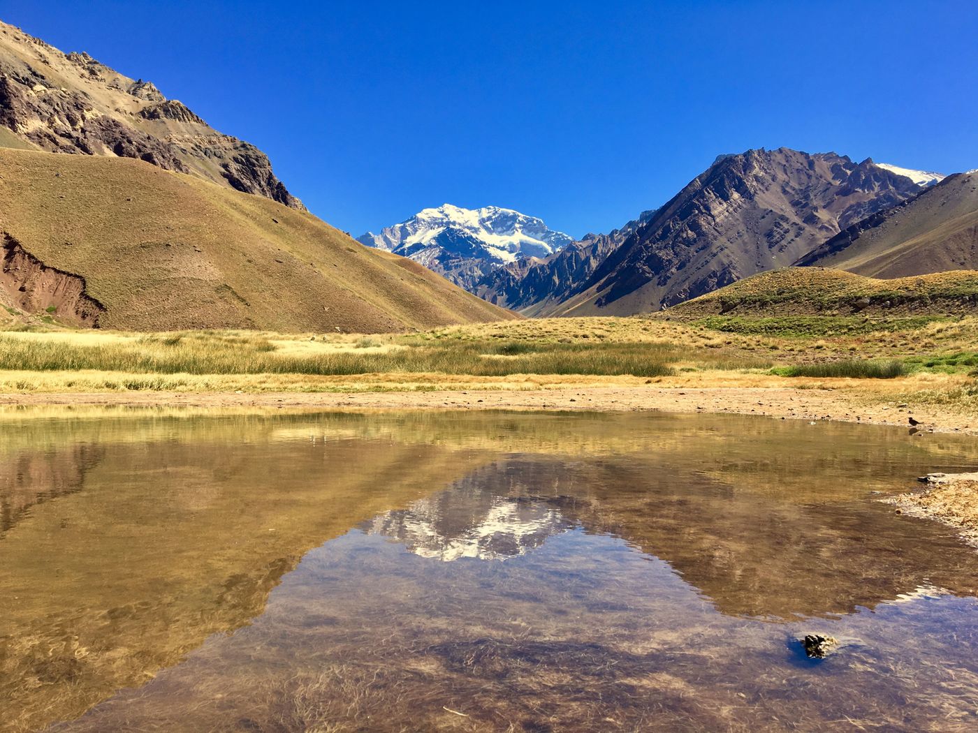 Aconcagua reflected in a tranquil lake near Mendoza, Argentina