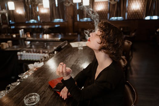 A woman in a black dress elegantly smokes at a vintage bar, exuding a classic and cinematic allure.