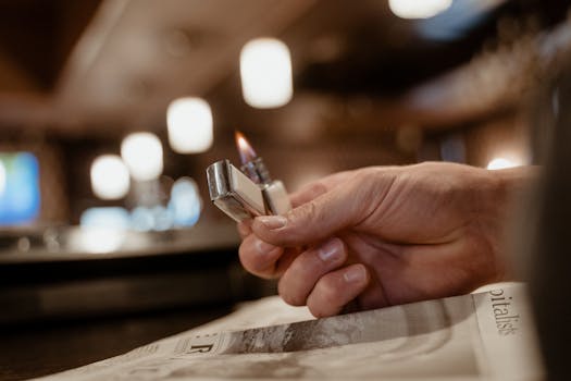 Close-up of a hand holding a lighter with a flame over a newspaper indoors. Warm, ambient lighting.