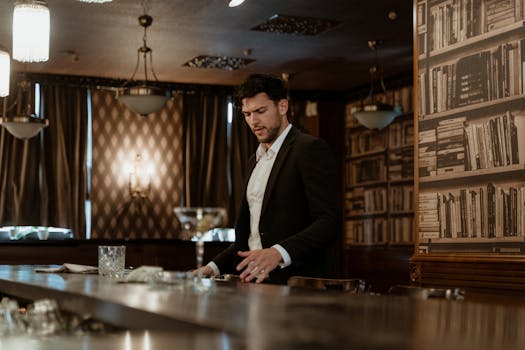 A sophisticated man in a suit stands at the bar in a classic and elegant setting, perfect for lifestyle or cinematic themes.