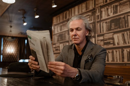 Mature man in formalwear engrossed in reading a newspaper inside a stylish setting.
