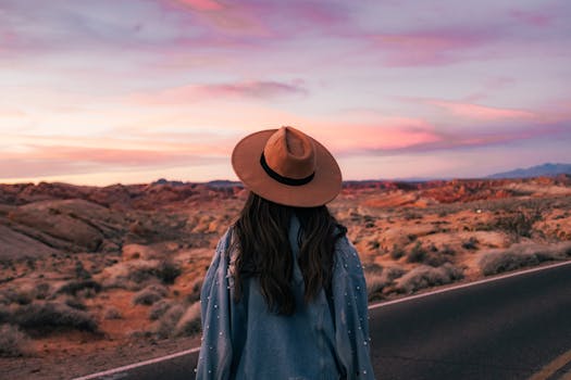 Back view of a woman in a hat looking at a desert landscape with a colorful sunset sky.