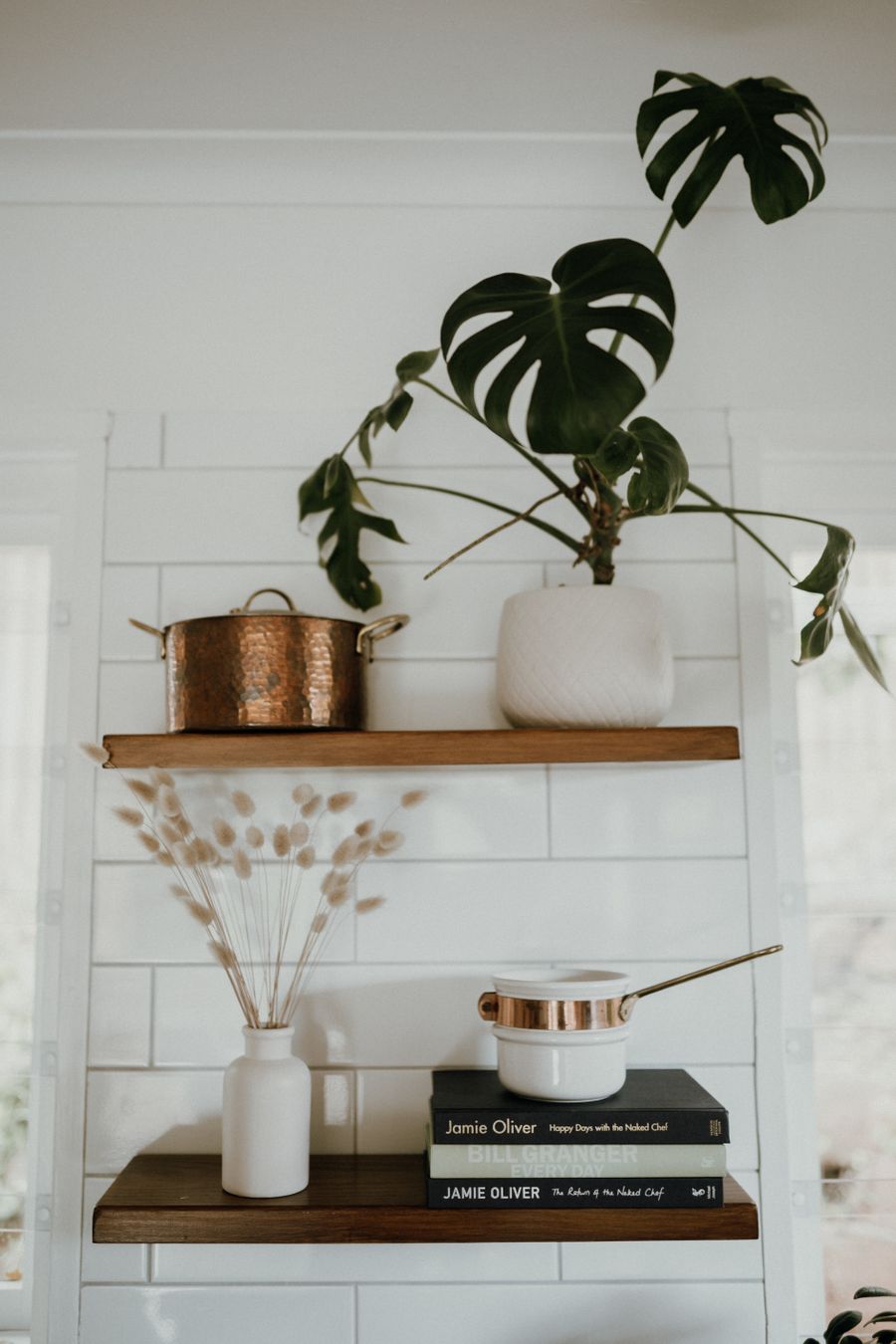 Mounted wooden shelving in a home