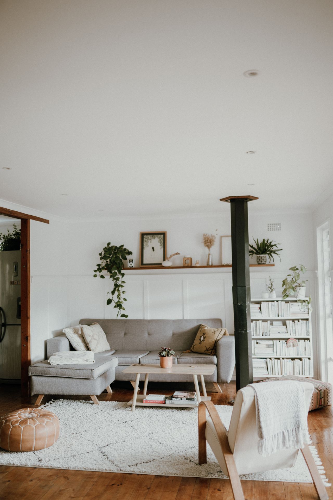 Scandinavian living room with neutral decor and indoor plants
