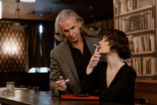 A sophisticated man and woman in a vintage bar, exuding classic charm and glamour.