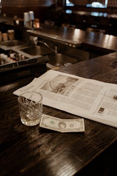 A moody bar setting featuring a newspaper, a dollar bill, and an empty glass on a wooden surface.