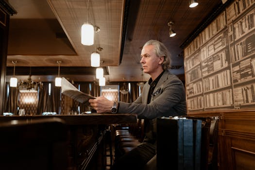 Elegant mature man reading newspaper in stylish bar setting, dressed in gray suit.